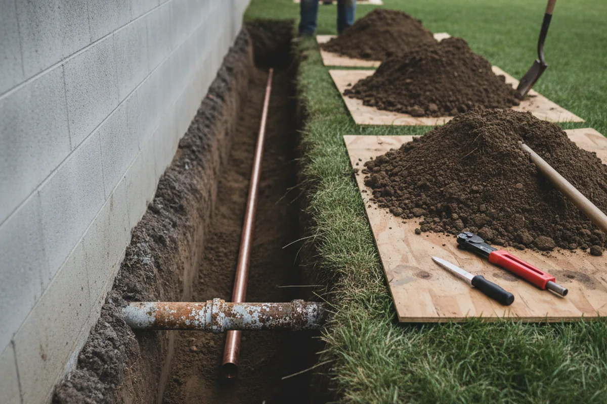 Excavated water line trench during Sewer Line Repair in Sugar Grove